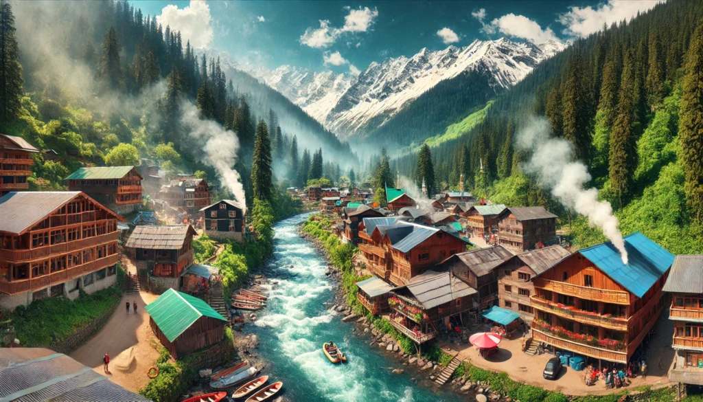 DALL·E 2025-02-11 18.25.55 - A hyper-realistic 4K wide-angle image of Manali, India, showcasing snow-capped Himalayan mountains, lush green valleys, and the Beas River flowing thr