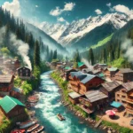 DALL·E 2025-02-11 18.25.55 - A hyper-realistic 4K wide-angle image of Manali, India, showcasing snow-capped Himalayan mountains, lush green valleys, and the Beas River flowing thr