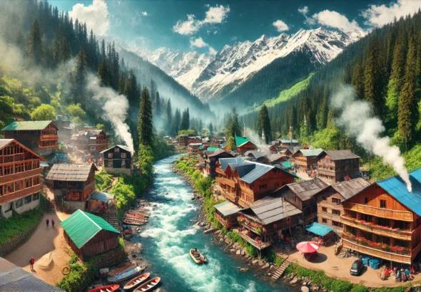 DALL·E 2025-02-11 18.25.55 - A hyper-realistic 4K wide-angle image of Manali, India, showcasing snow-capped Himalayan mountains, lush green valleys, and the Beas River flowing thr